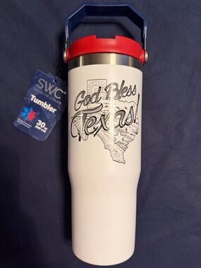 SWC white God Bless Texas Travel Tumbler with Red Lid & Blue Handle